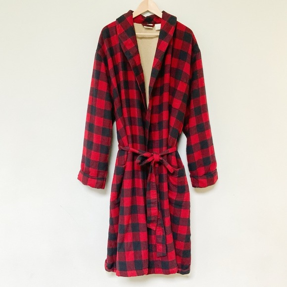 LL Bean Robe Mens Red & Black Buffalo Plaid‎ Check Sherpa Lined XXL 2XL Cotton - Picture 1 of 7